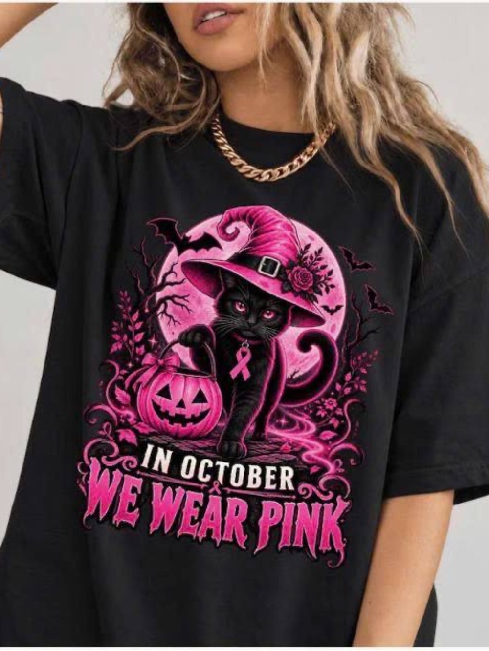 Black Women’s October We Wear Pink Tee - Pink Halloween Cat Graphic T-Shirt
